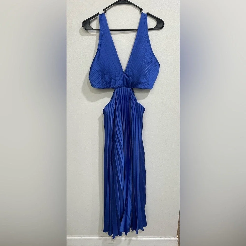 NWT A&F Abercrombie & Fitch Giselle Pleated Cutout Maxi Dress Blue Satin Sz LP